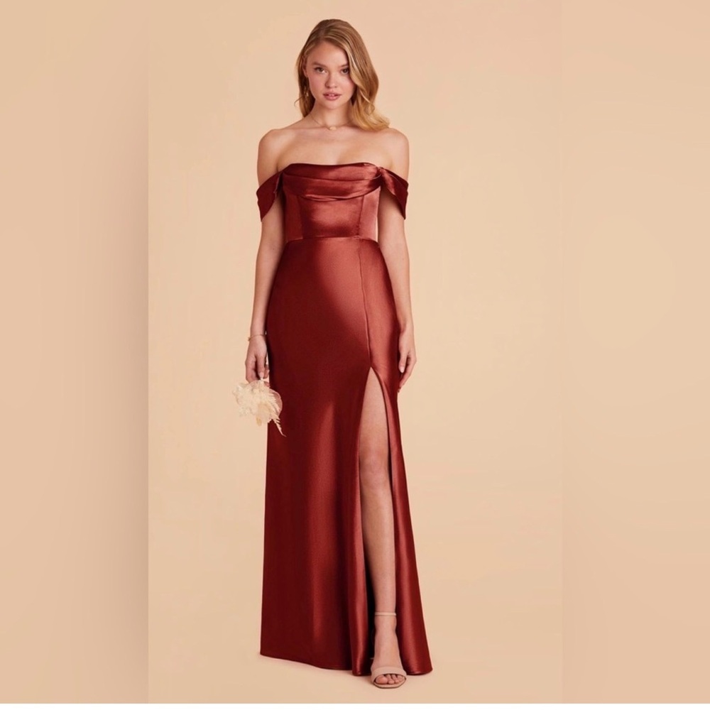 Birdy Grey “Mia Shiny” off-shoulder satin gown in Spice small nwt